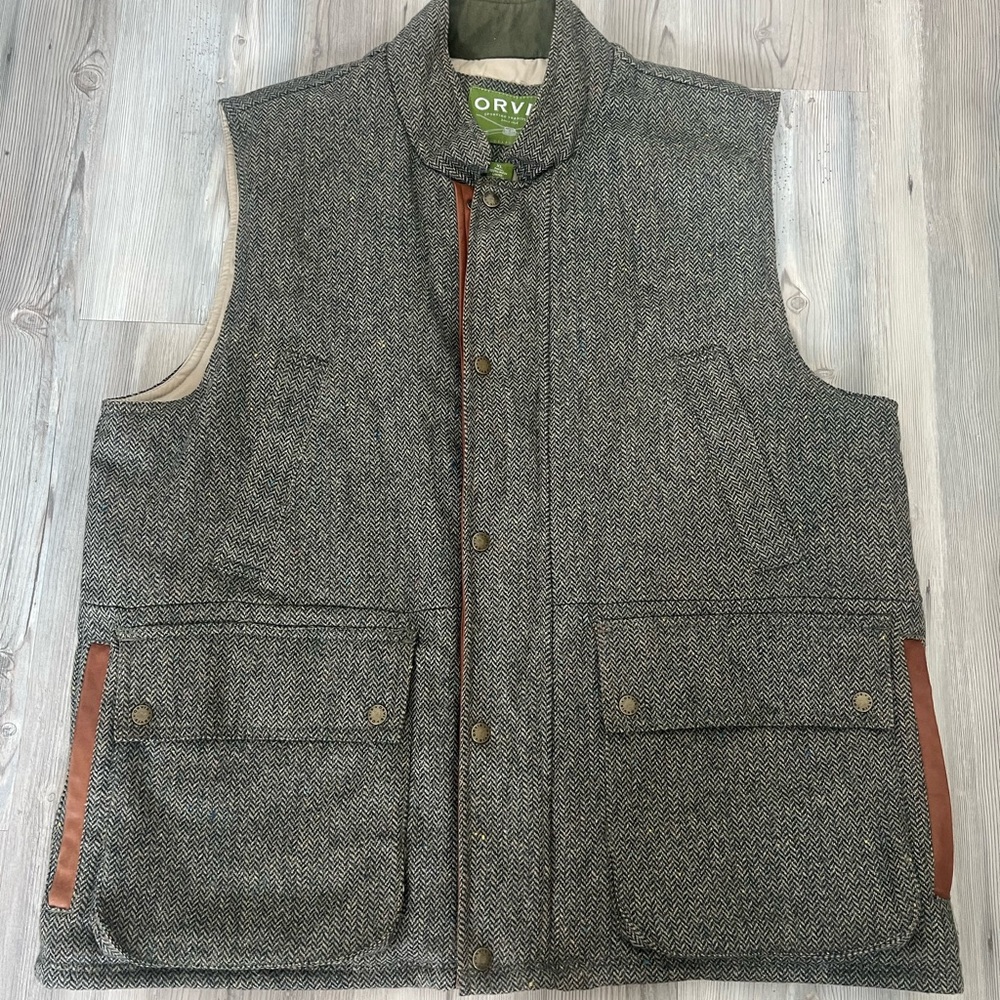 Orvis Mens Vest Large Brown Wool Leather Trim Fully Lined XL Fish Hunt Chore